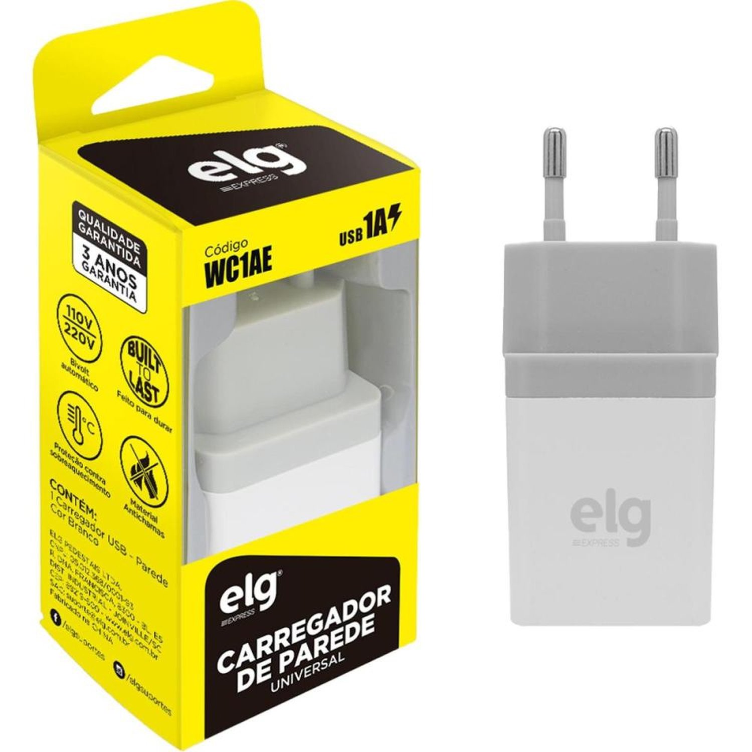 Carregador Usb Parede Universal Wc1ae Branco Bivolt Elg Un.Venda: Pc/1