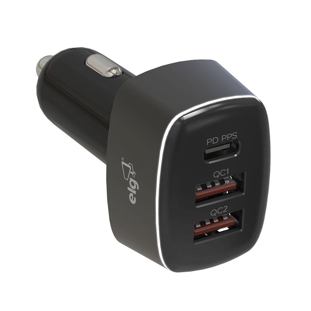 Carregador Veicular 56W PPS - Universal - 1 Saida USB Tipo-C e 2 Saidas USB-A Grafite/Preto - ELG