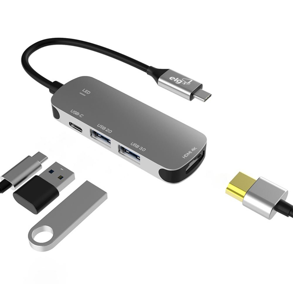 HUB41HD - Adaptador Hub USB 4 Em 1 - Entrada Tipo-C Para 2 Portas USB-A + 1 Porta Tipo-C + 1 Porta HDMI