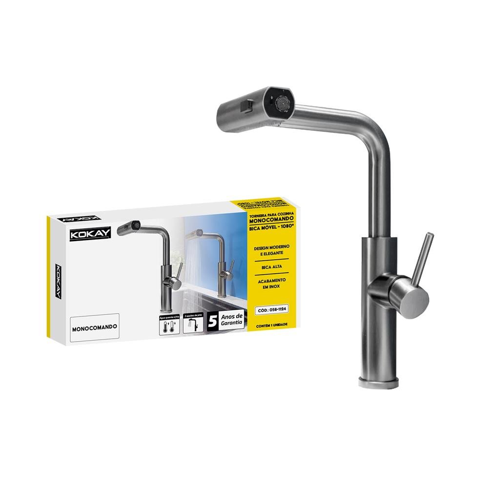 Torneira Gourmet Monocomando Rotação 1080° 3 Jatos Inox - KOKAY