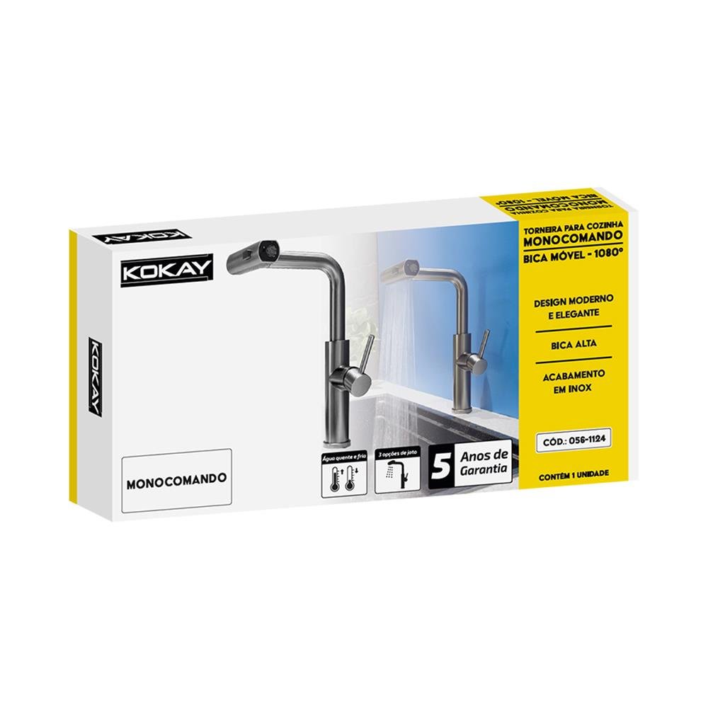 Torneira Gourmet Monocomando Rotação 1080° 3 Jatos Inox - KOKAY