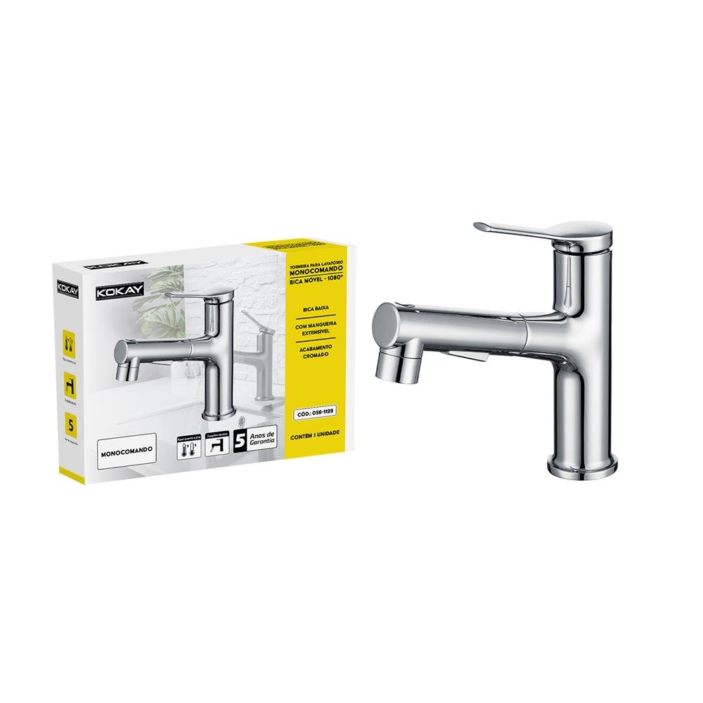 Torneira Luxo Lavatório Monocomando Bica Móvel 3 Jatos Inox - KOKAY