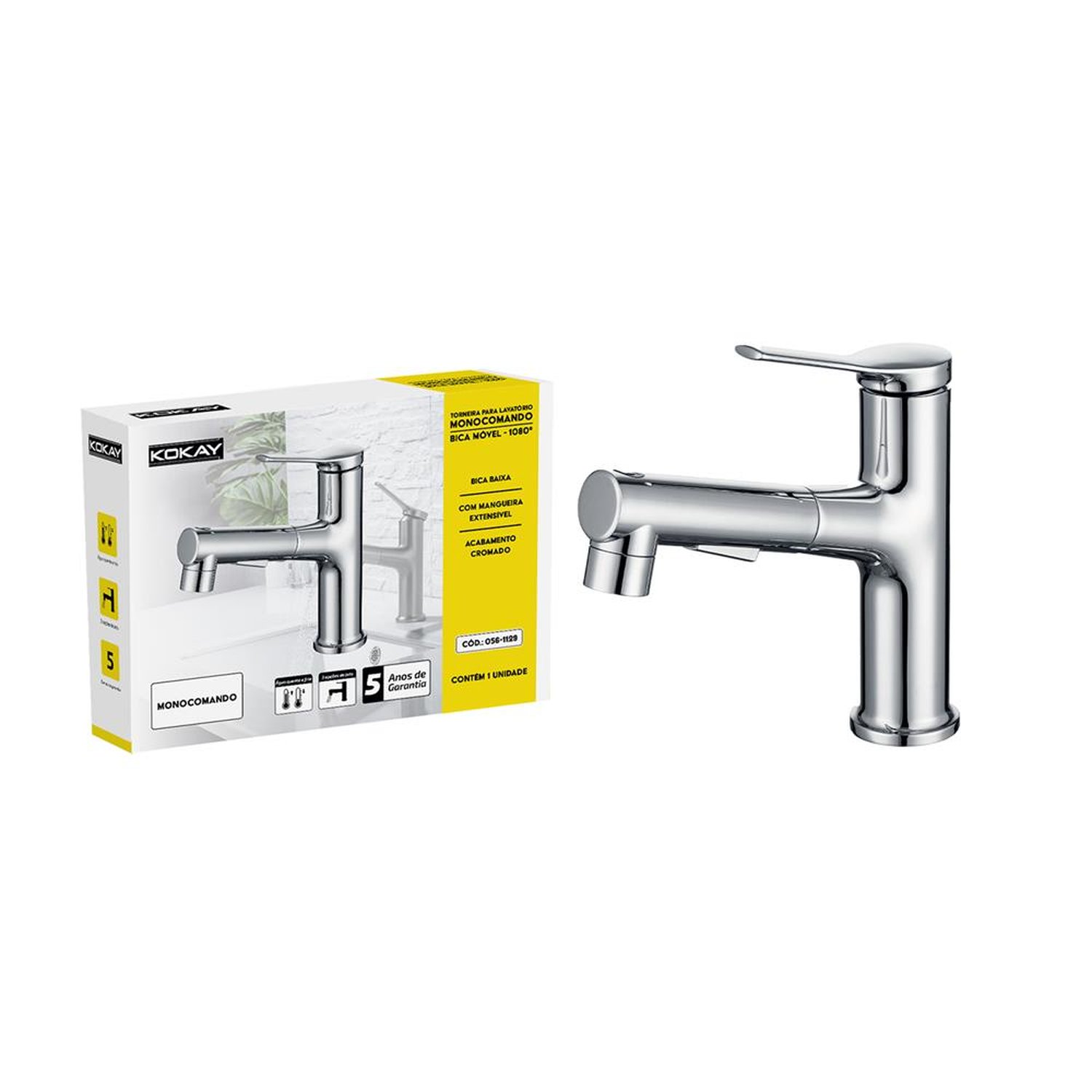 Torneira Luxo Lavatório Monocomando Bica Móvel 3 Jatos Inox - KOKAY