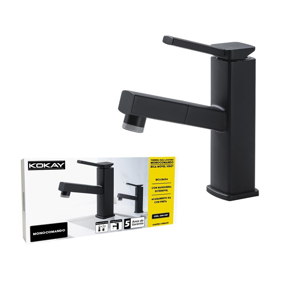 Torneira Bancada Monocomando Bica Baixa Móvel - Preto - KOKAY