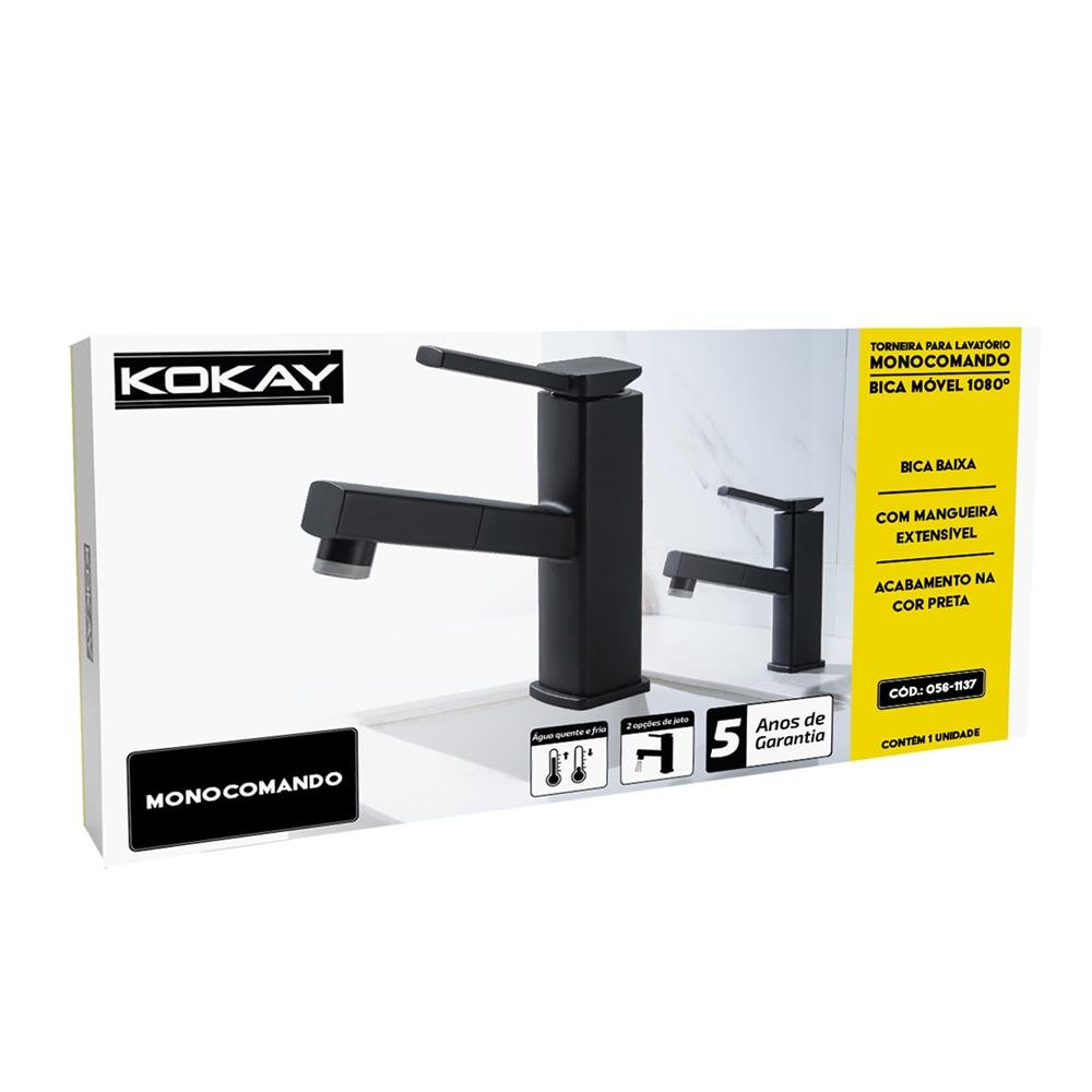 Torneira Bancada Monocomando Bica Baixa Móvel - Preto - KOKAY