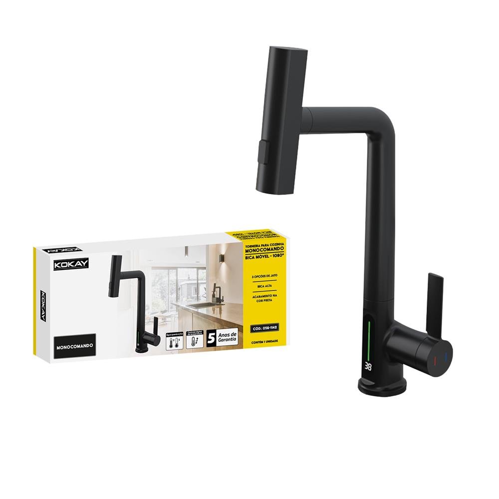 Torneira Inteligente Com Display De Temperatura Cozinha Preto - KOKAY