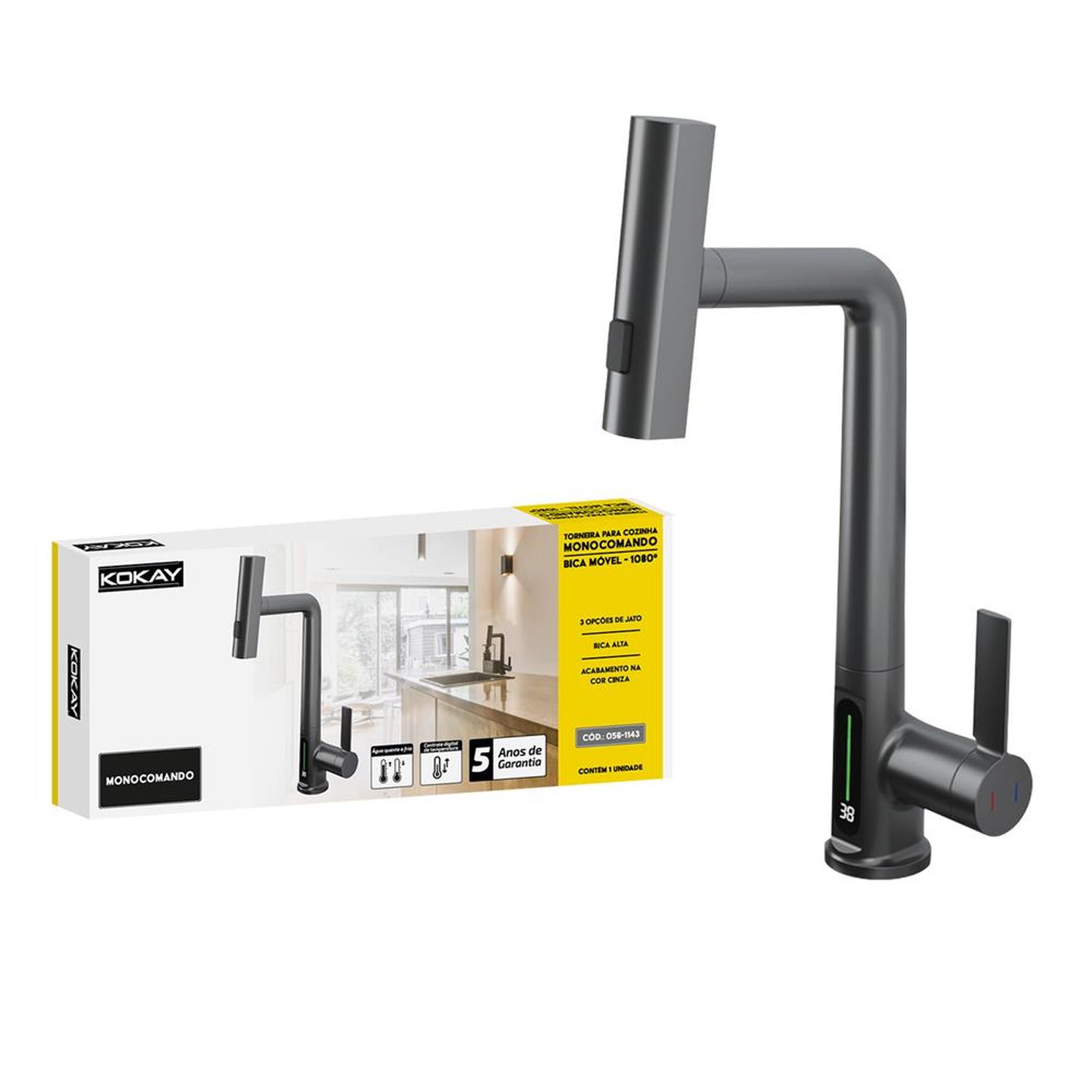 Torneira Inteligente Com Display De Temperatura Cozinha Cinza - KOKAY