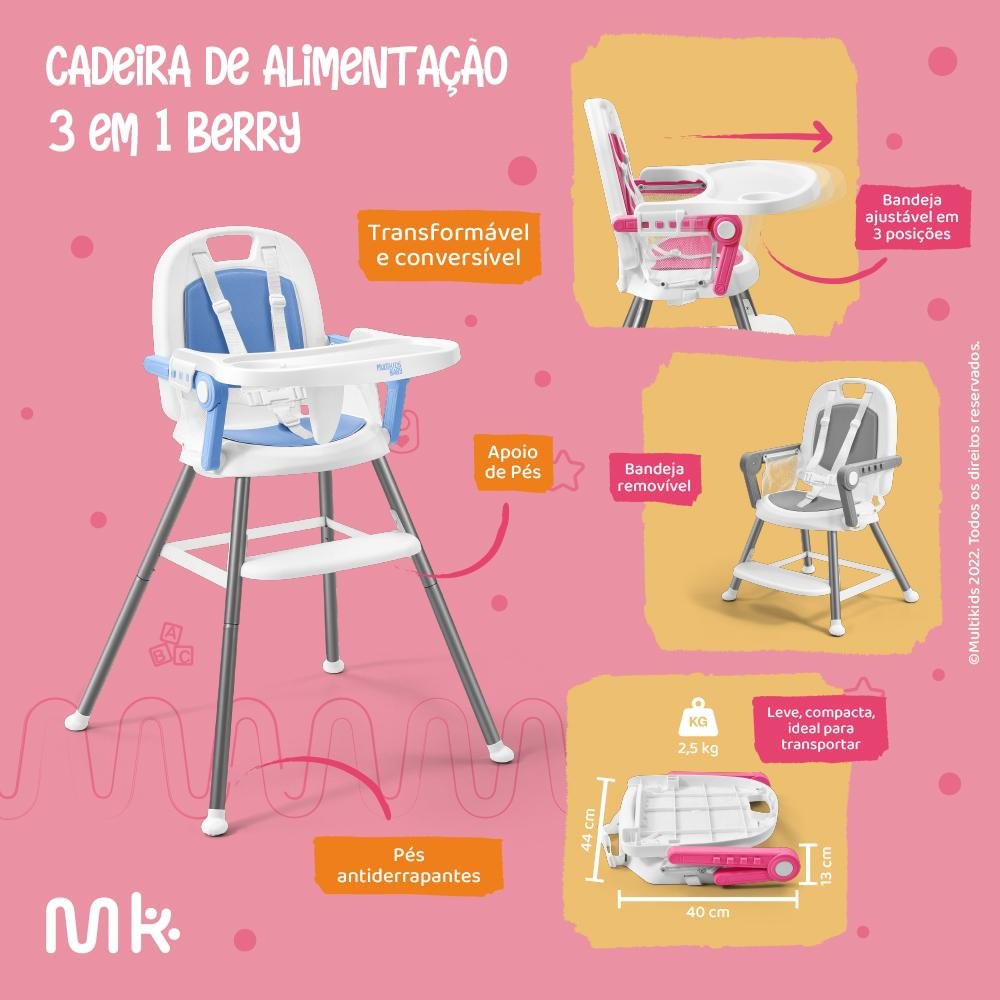 Cadeira de Alimentação Berry 3 em 1 Rosa Multikids Baby - BB390