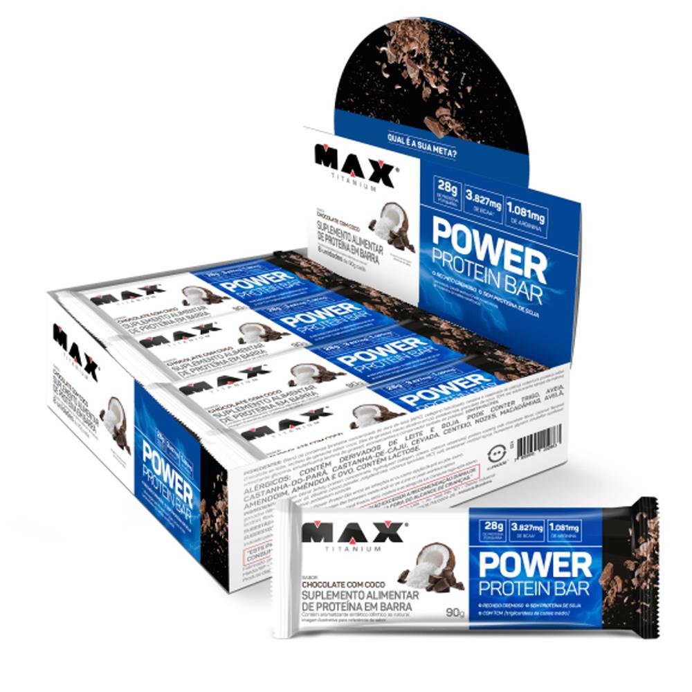 Barra De Proteina Power Protein Bar Max Titanium 90g Chocolate Com Coco 8x1