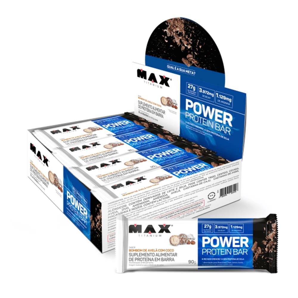 Barra De Proteina Power Protein Bar Max Titanium 90g Bombom de Avelã Com Coco 8x1