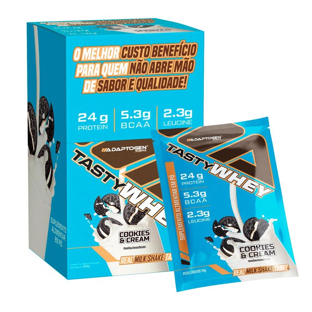 Whey Protein 3w Tasty Whey Adaptogen 34g Sachê Sabor Cookies Cream Caixa Com 12 Unidades