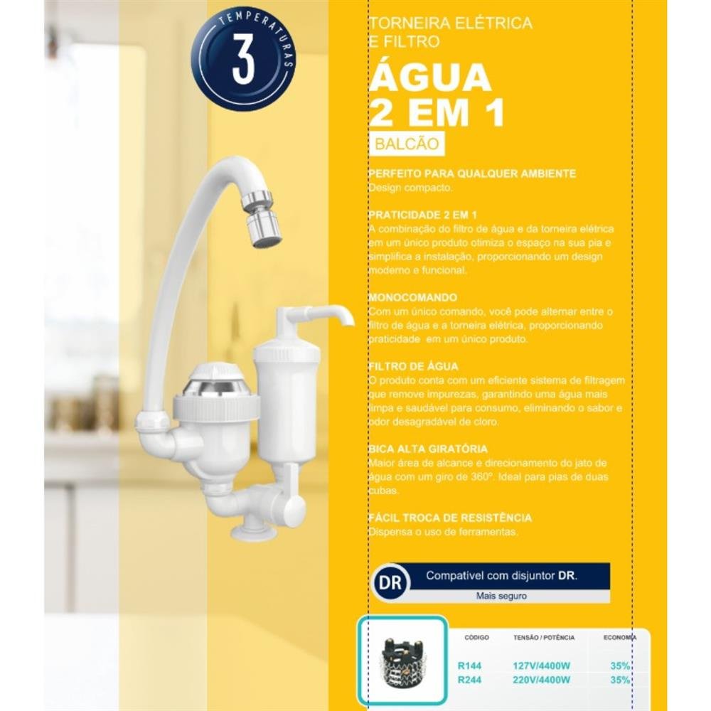 Torneira Elétrica de bancada com filtro Água 2 em 1 3T 220V 4400W TFB244 - Sintex
