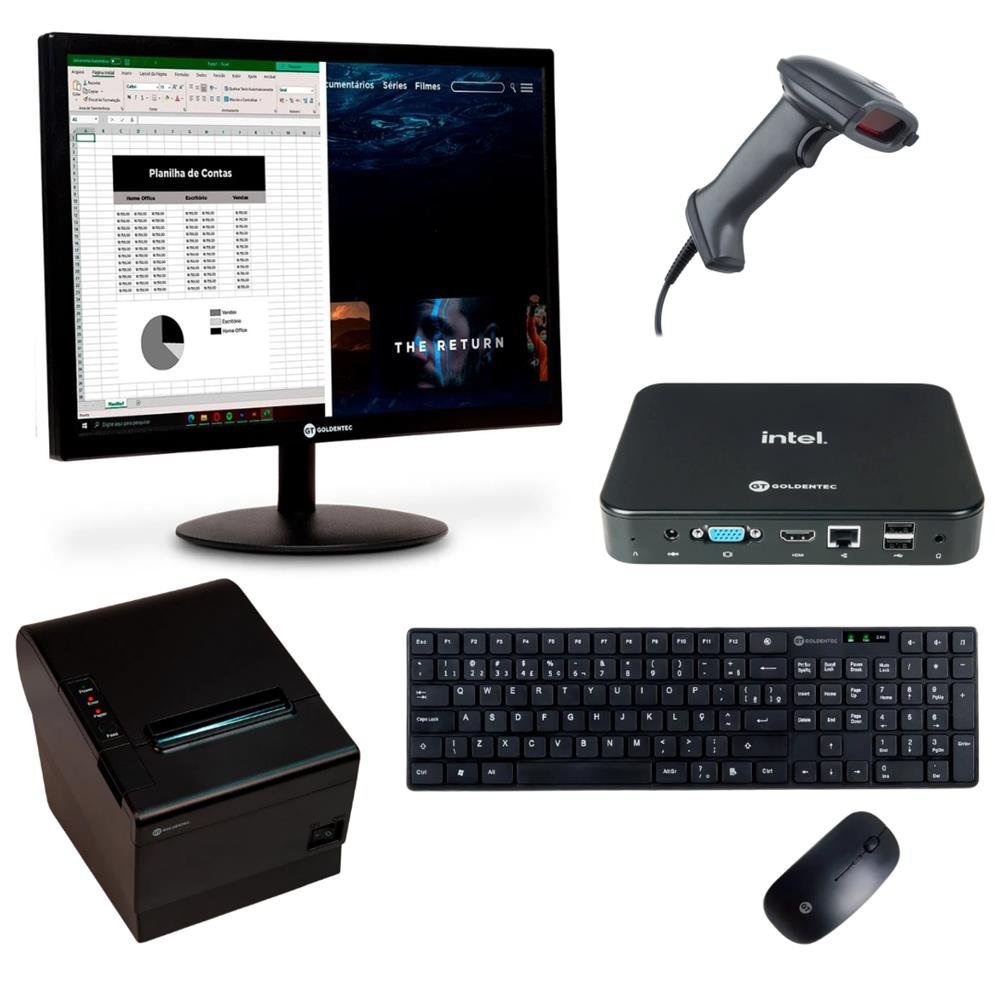Kit Automação Mini PC Celeron Dual Core, 4GB, EMC 64GB,Windows11, Monitor 15, Impressora Termica, Teclado, Mouse, Leitor de Codigo de Barras