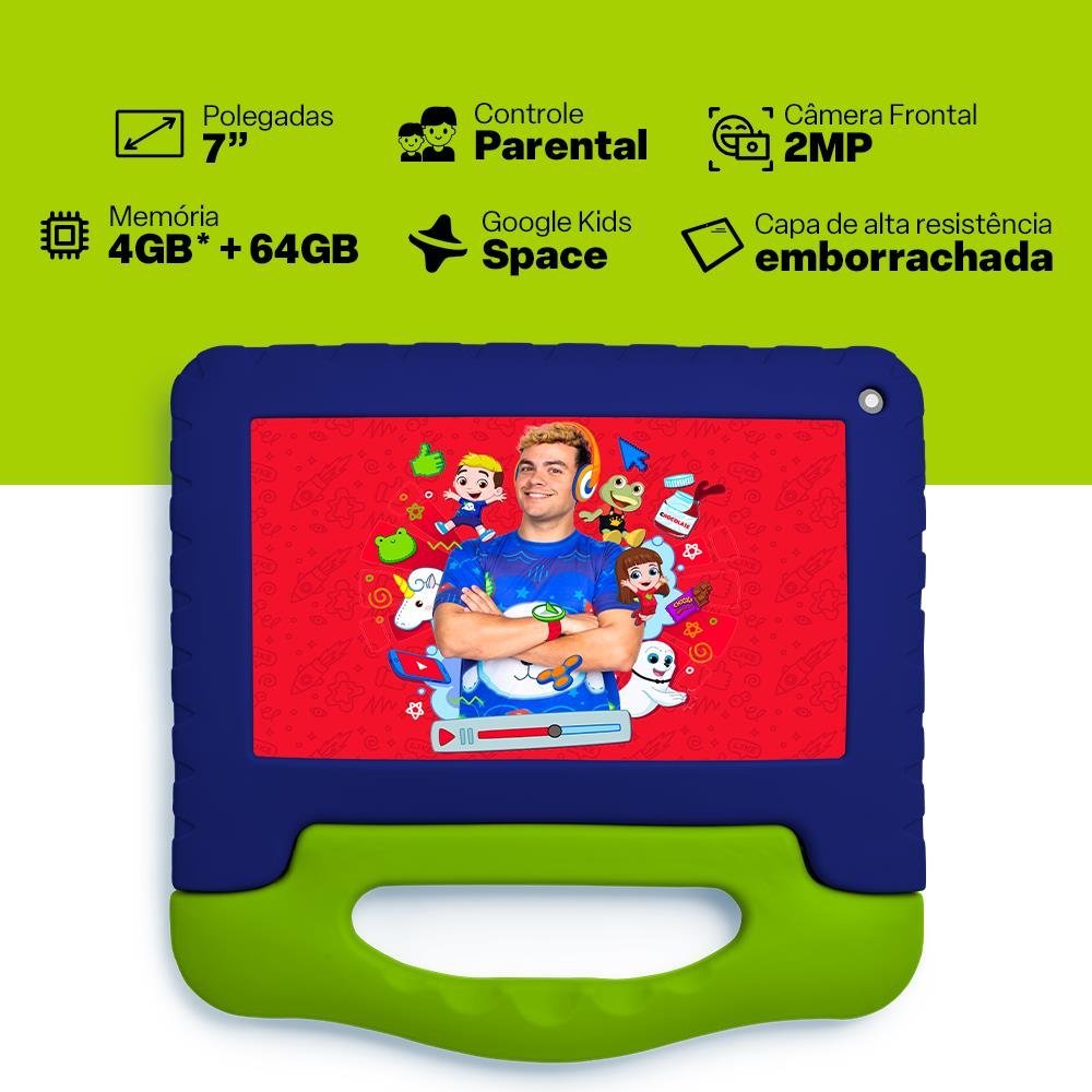 Tablet Luccas Neto com Controle Parental 4GB RAM + 64GB + Tela 7 polegadas + Case + Wi-fi + Android 13 + Quad Core Multi - NB423