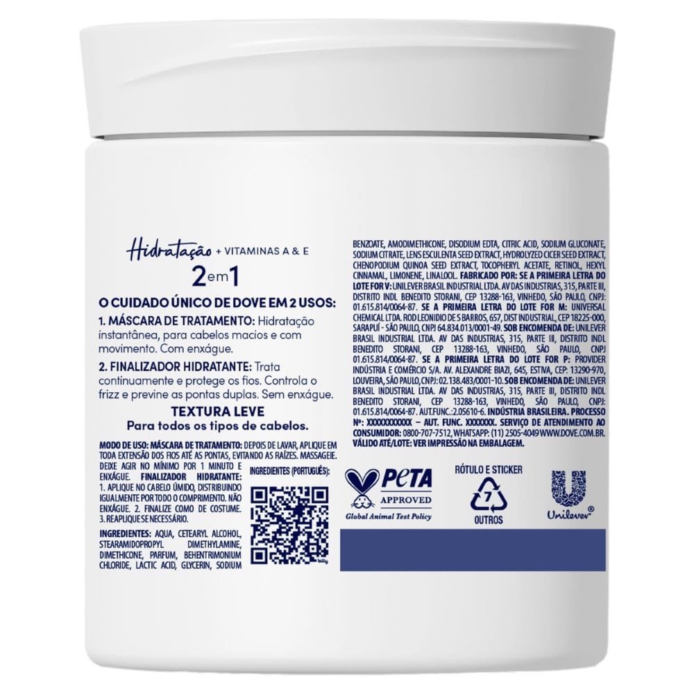 Máscara de Tratamento Dove 2 em 1 Hidratação 500g