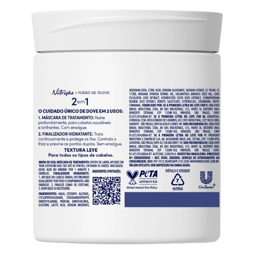 Máscara de Tratamento Dove 2 em 1 Nutrição 500g