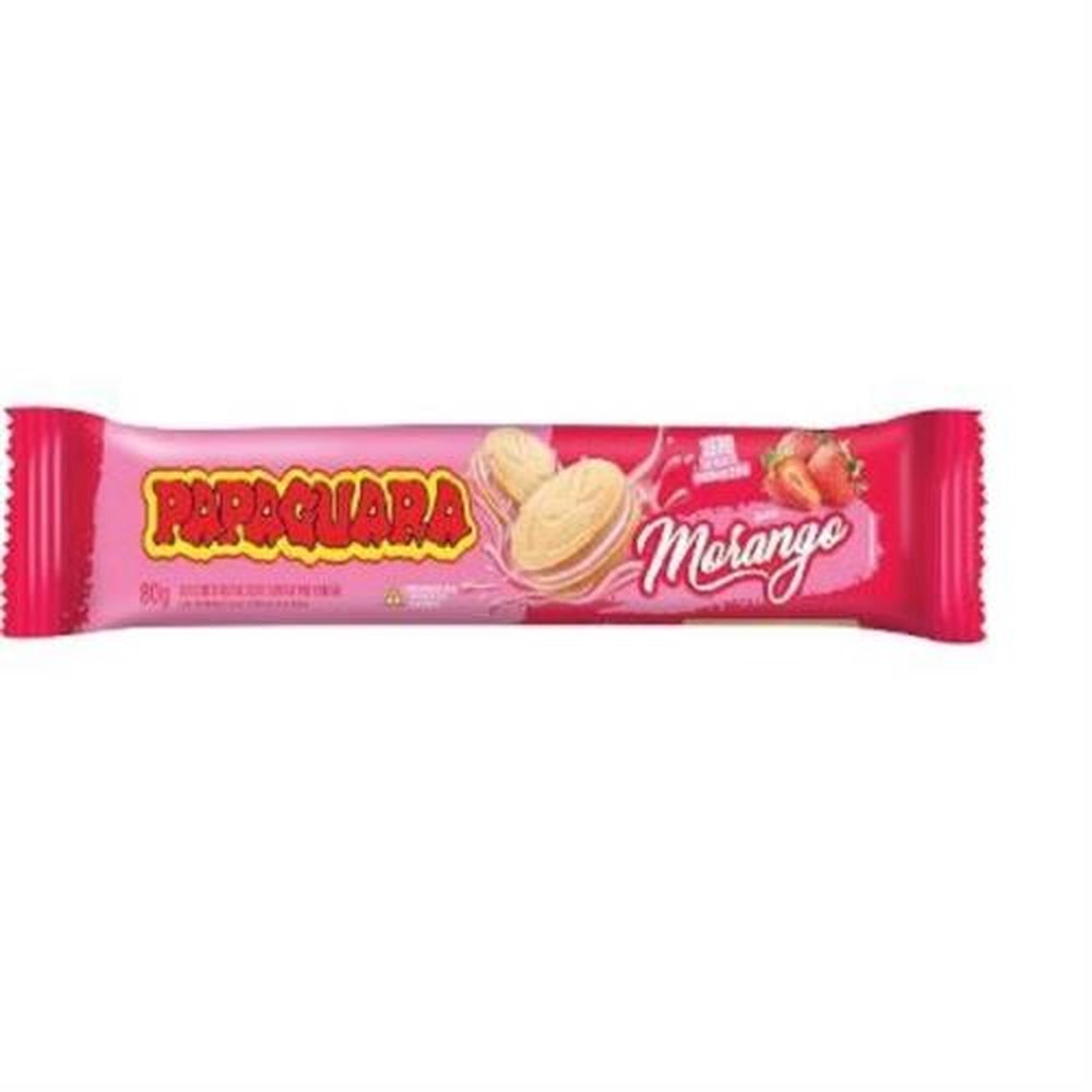 Biscoito Recheado Papaguara Morango 80gr- Caixa contém 30 unidades.