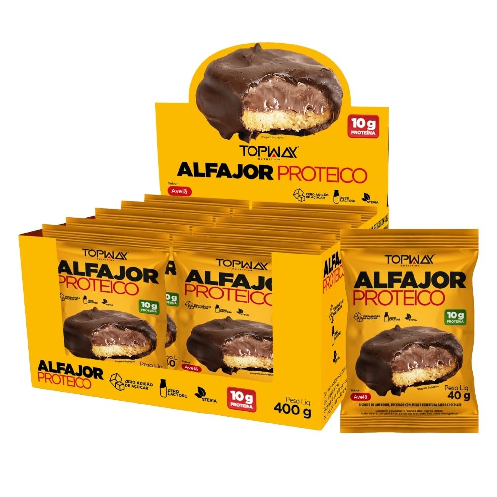 Alfajor Topway com Proteína Amendoim Avelã Chocolate 40g - Embalagem com 10 Unidades