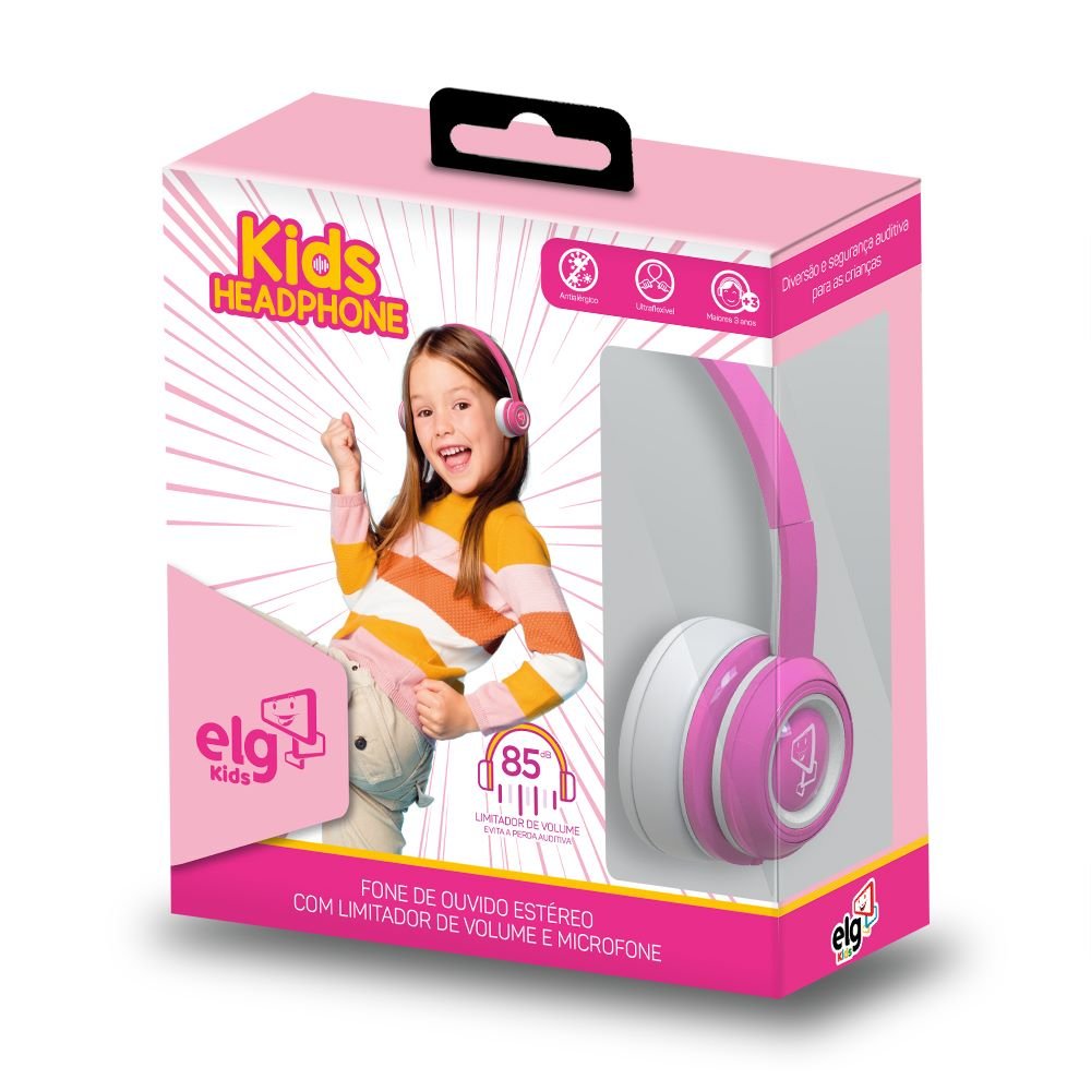 Headphone Estéreo Infantil Com Limitador De Volume Para Proteção - Rosa e Branco - ELG
