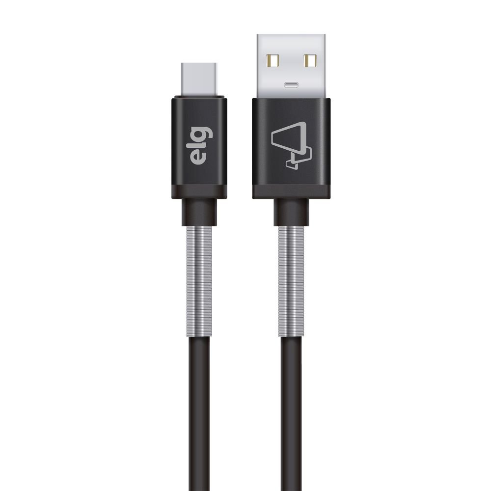Cabo Usb Tipo-C Com Mola Inox De Proteção - Recarga e Sincronização - Preto