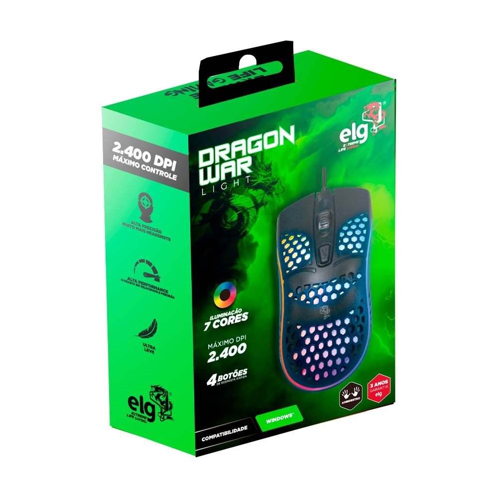 MGDWL1 - Mouse Gamer Dragon War Light 2400DPI 7 Cores 70g Ultraleve - Preto