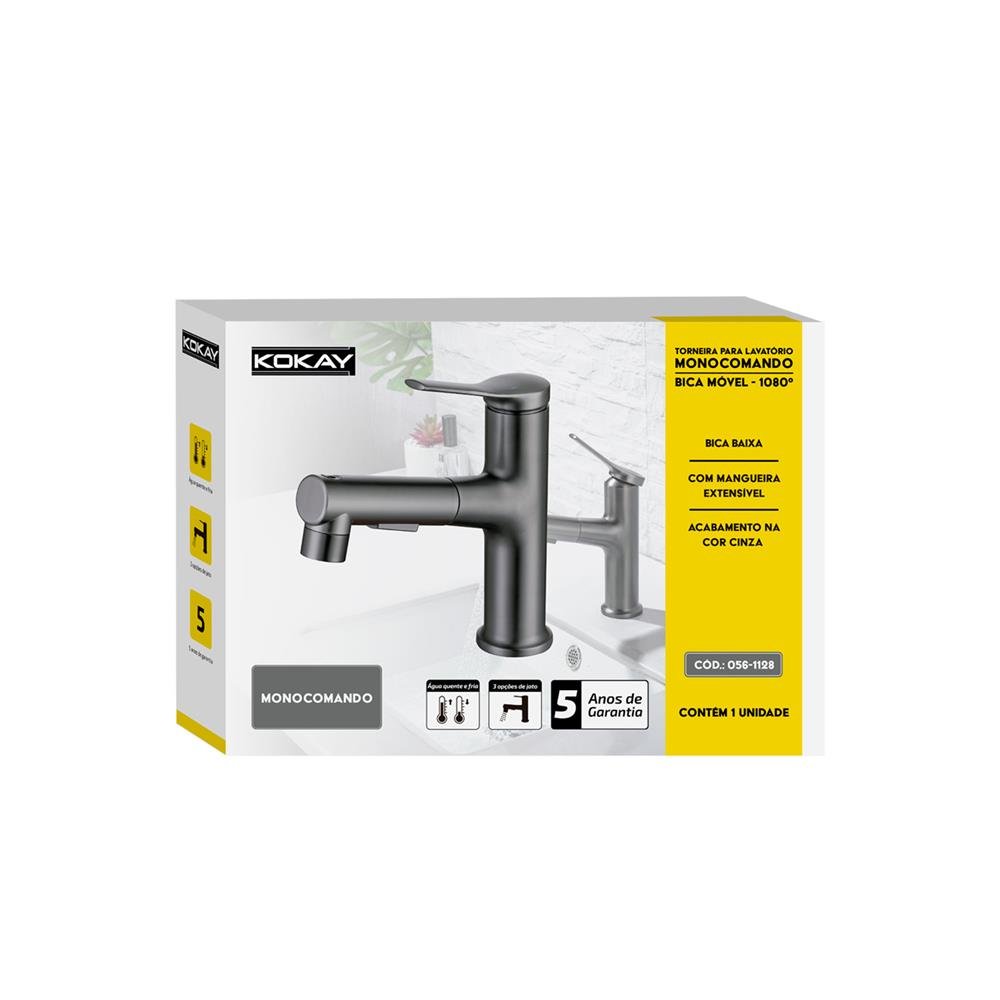 Torneira Luxo Lavatório Monocomando Bica Móvel 3 Jatos Cinza - KOKAY