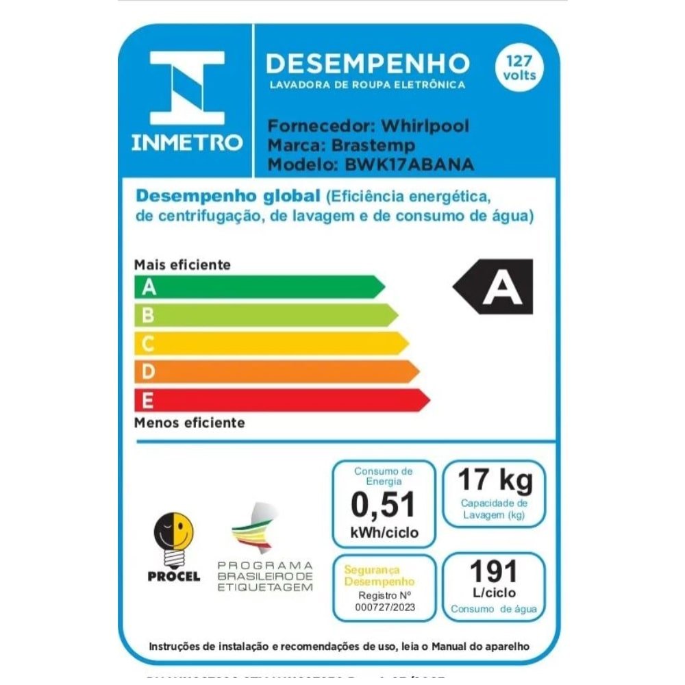 Lavadora Automática Brastemp 17 Kg BWK17AB - 480W, Branca, 110V