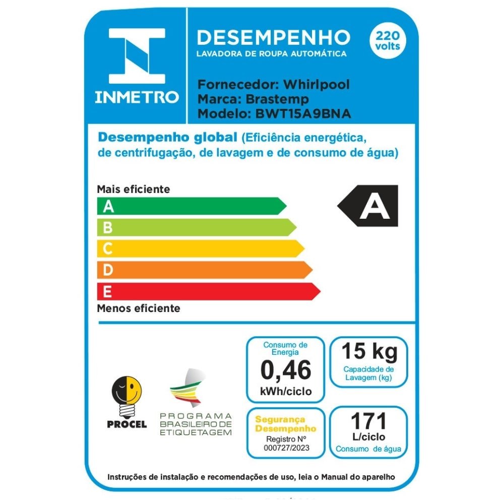 Lavadora Automática Brastemp BWT15 - 15 Kg, 620W, Platinum, 220V