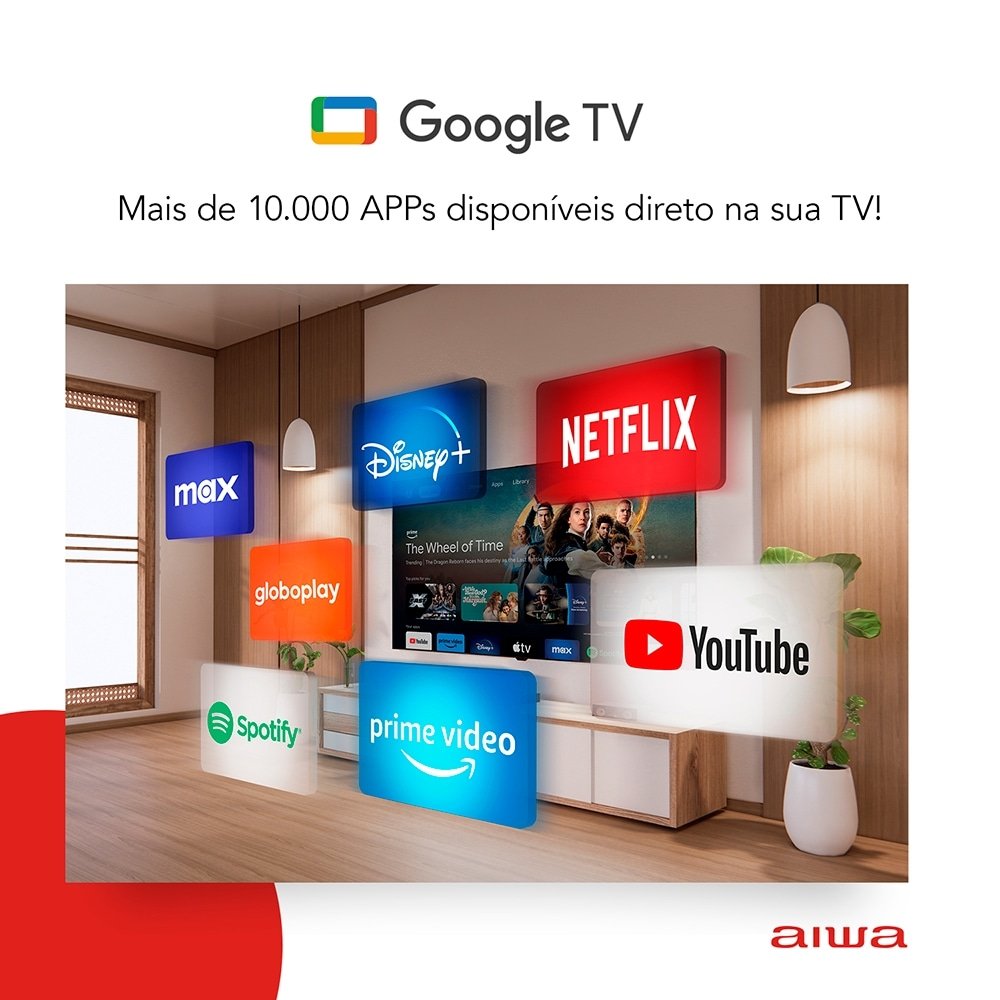 Smart TV Led 75" Aiwa AWS-TV-75-BL-01-G - 4K UHD com Wi-Fi, 2 USB, 4 HDMI, Google TV, Dolby Vision
