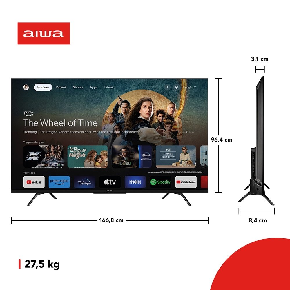 Smart TV Led 75" Aiwa AWS-TV-75-BL-01-G - 4K UHD com Wi-Fi, 2 USB, 4 HDMI, Google TV, Dolby Vision