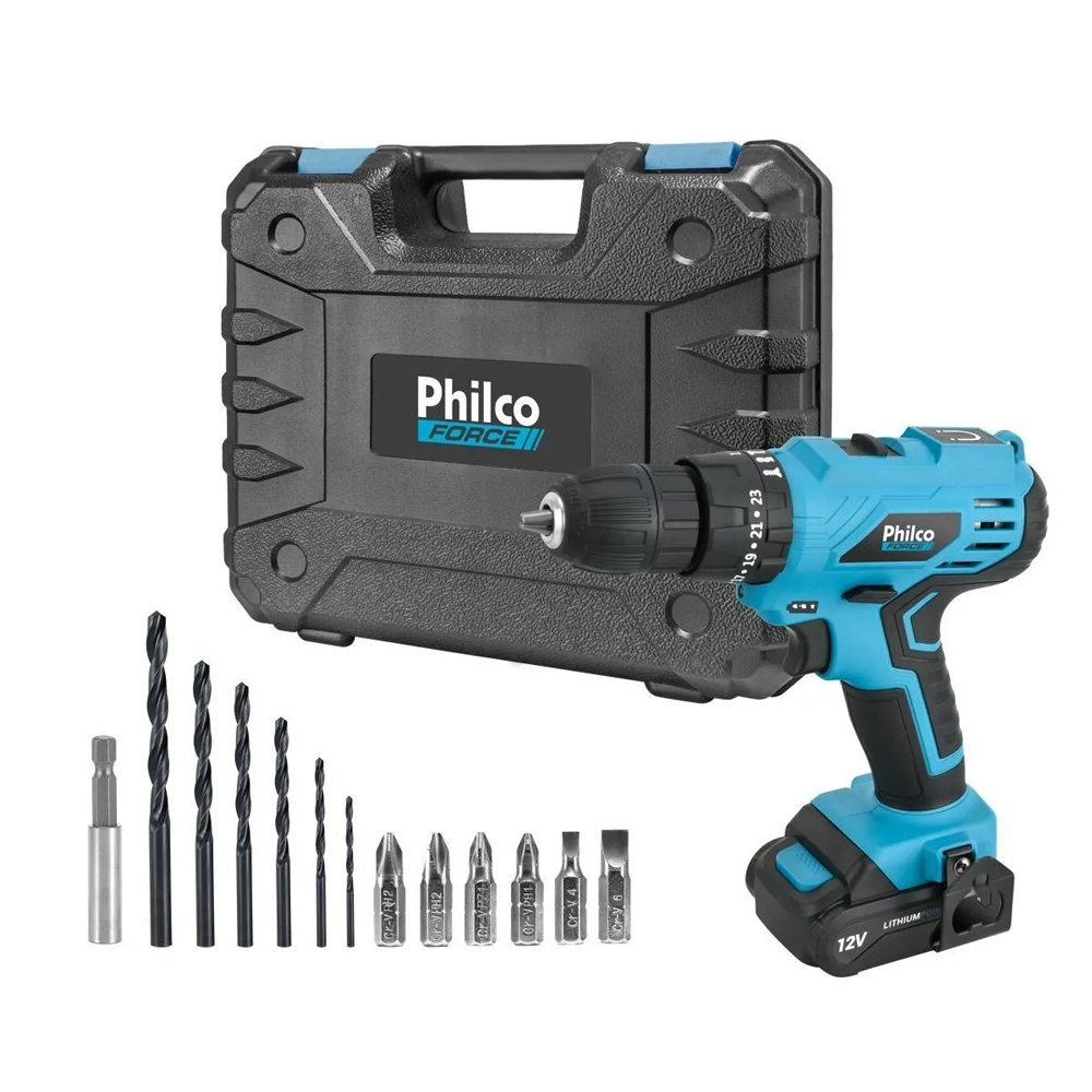 Furadeira e Parafusadeira Philco PPF12M - Force, 12V com Acessórios e Maleta Bivolt