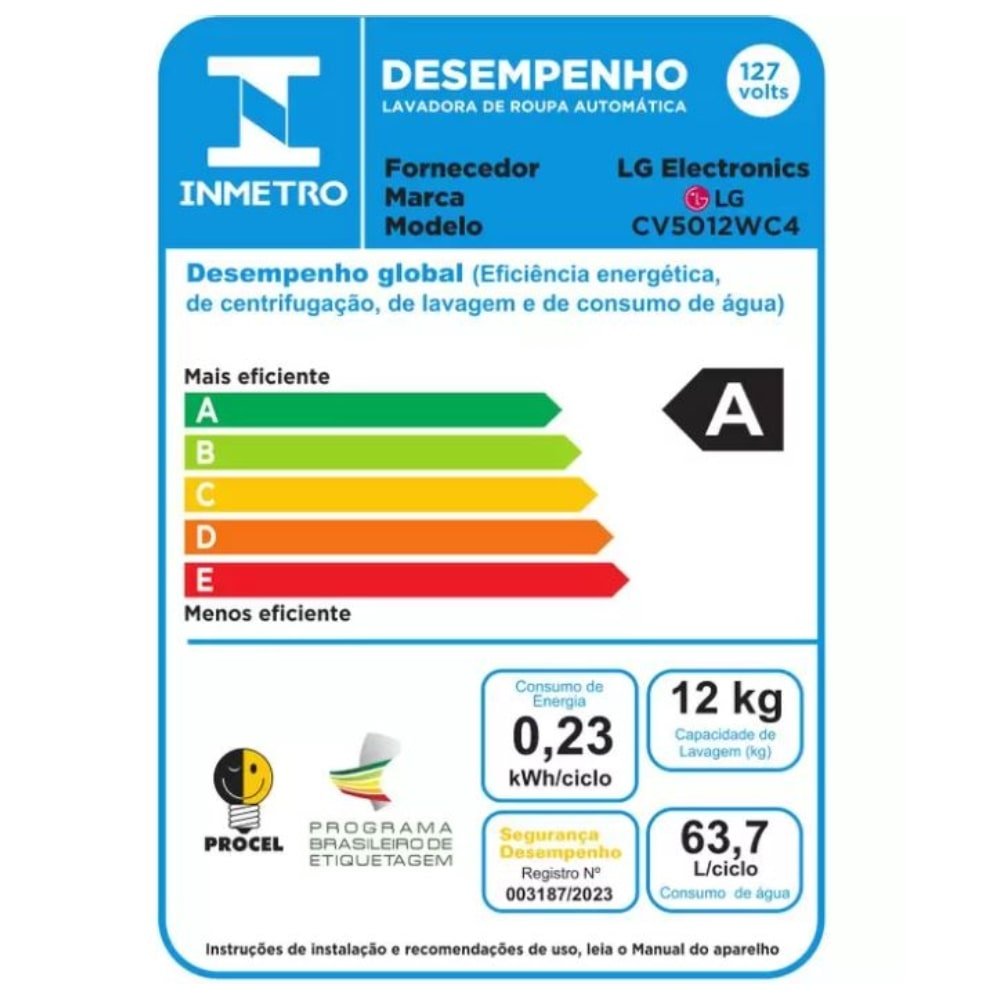 Máquina de Lavar Roupas 12Kg LG CV5012WC4 - Lava e Seca, Branco, 110V
