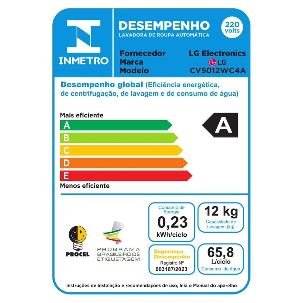 Máquina de Lavar Roupas 12Kg LG CV5012WC4A - Lava e Seca, Branco, 220V