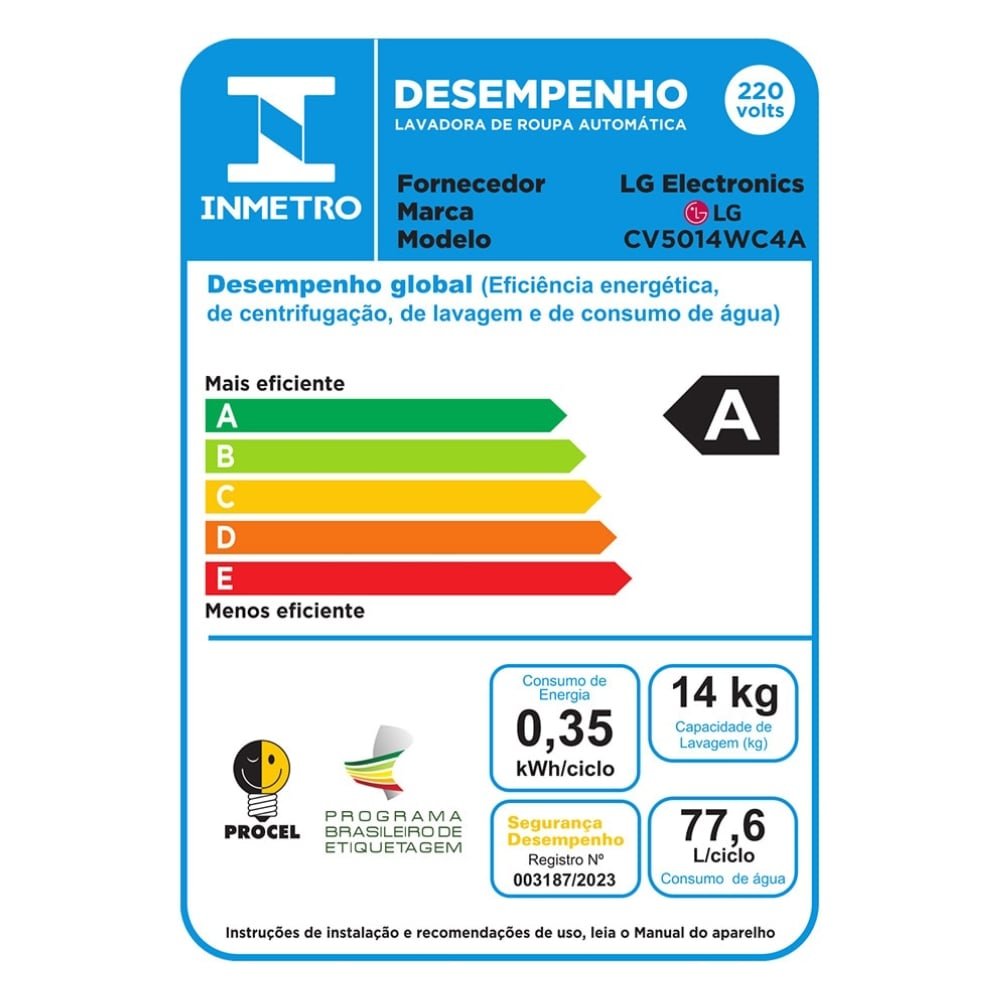 Máquina de Lavar Roupas 14Kg LG CV5014WC4A - Lava e Seca, Branco, 220V