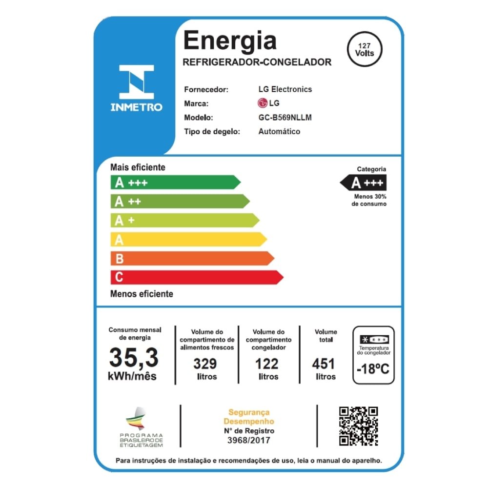 Refrigerador LG 451 Litros GC-B569NLL - Inverse, Frost Free, Inox, 110V