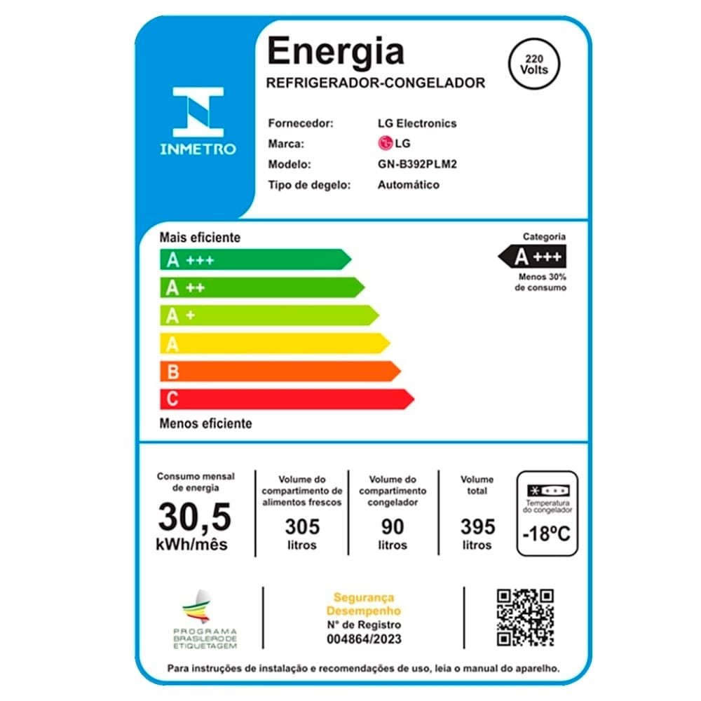 Refrigerador LG 395 Litros GN-B392PLM - Duplex, Inox, 220V
