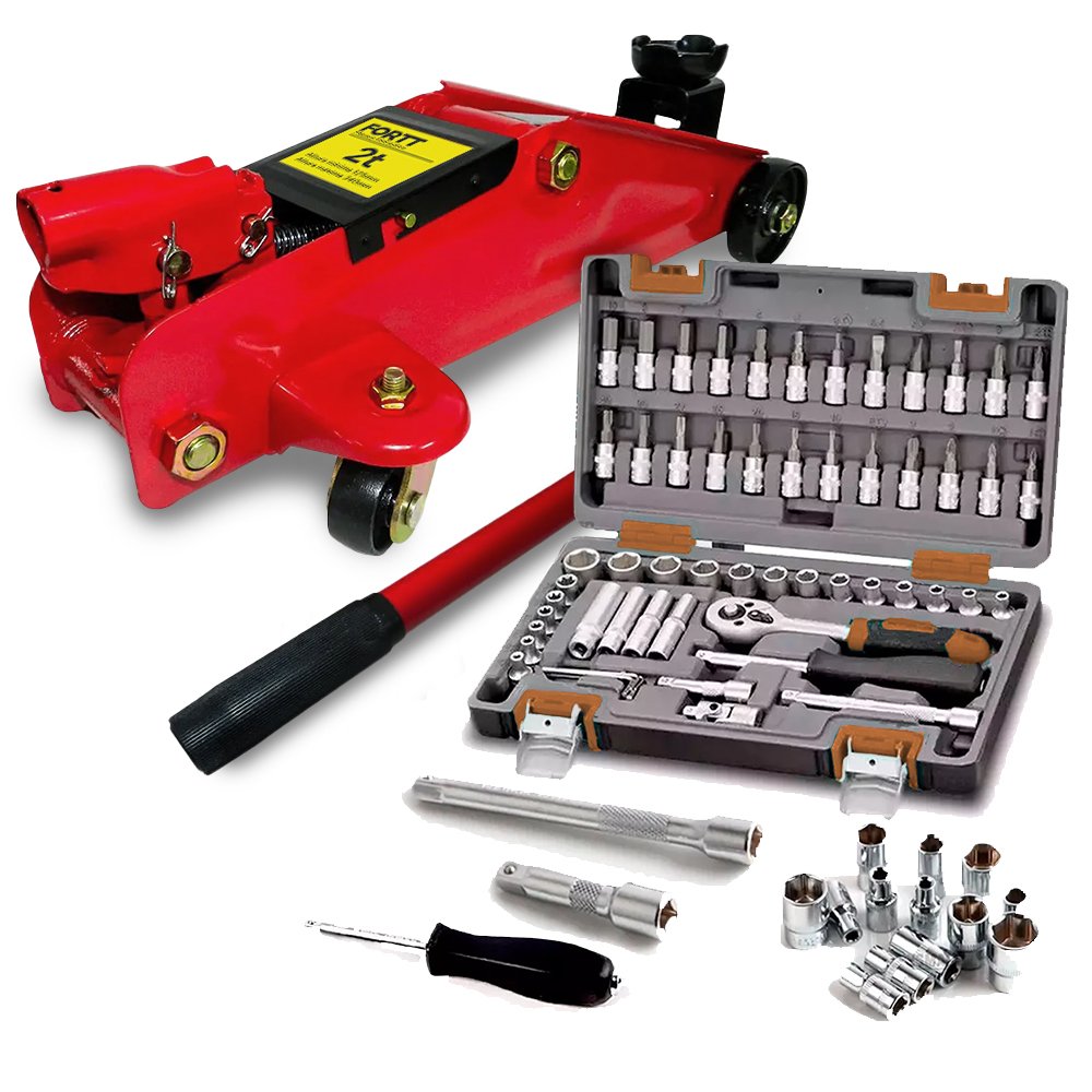 Mega Kit Macaco Jacarezinho 2t e Ferramentas Catraca 57 peças Fortt - MKMJF-001