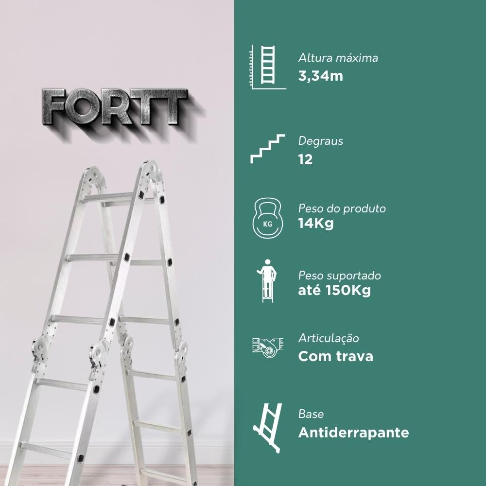 Escada Articulada Multifuncional 4x3 Aluminio Fortt 12 Degraus 3.34m - EAM4X3