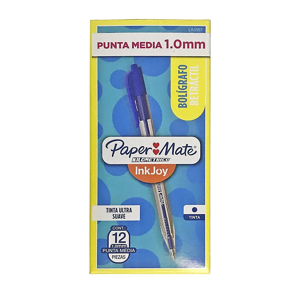 Caneta Papermate Km 100 Retratil 1.0 Media Azul Tubo Transparente Caixa com 12 unidades