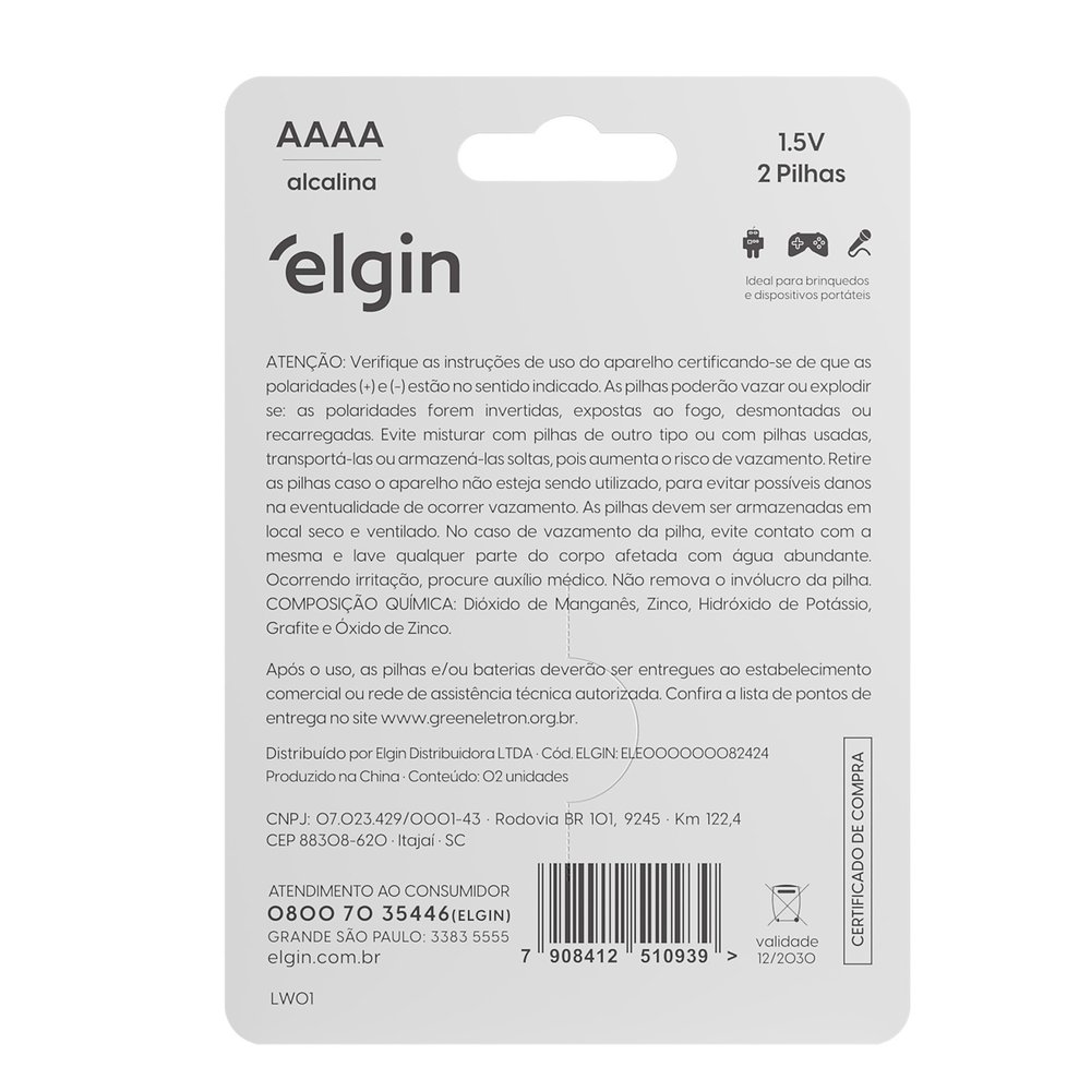 Pilha Alcalina Elgin AAAA 1,5V Blister com 2 unidades