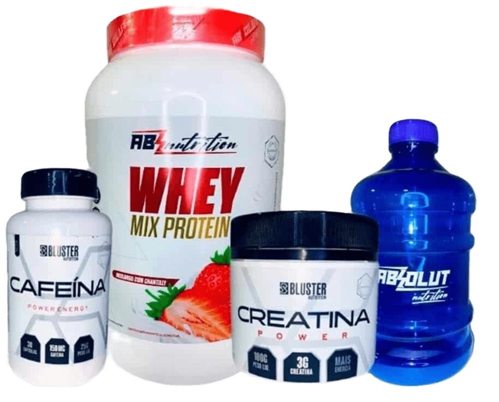 Combo 3 Whey Mix 900g + Creatina + Cafeína + Galão Sabor Morango Absolut Whey