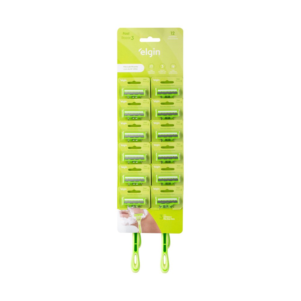 Aparelho de Barbear Elgin Fast Razon Verde com 3 Lâminas 12 Unidades