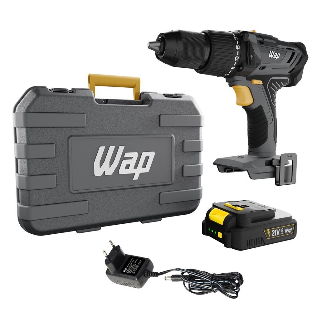 Furadeira e Parafusadeira WAP K21 ID03, 1/2", 21V, Bateria 2000mAh, Bivolt, Cinza e Amarelo