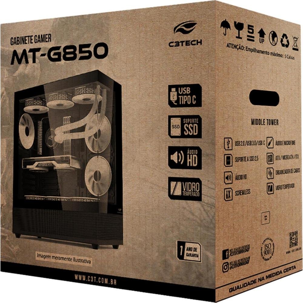 Gabinete Gamer C3Tech, Mid Tower, Vidro Temperado, Preto, SEM FANS, MT-G850BK