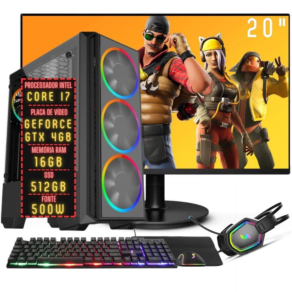 PC Gamer Completo 3green FPS Intel Core i7 16GB RAM Placa de video Geforce GTX 4GB SSD 512GB Monitor 20" 75Hz Fonte 500W 3GF-040 Windows 10