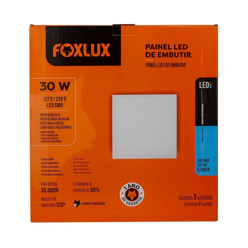 Plafon Painel Foxlux LED 40cm Quadrado de Embutir 30W 6500K