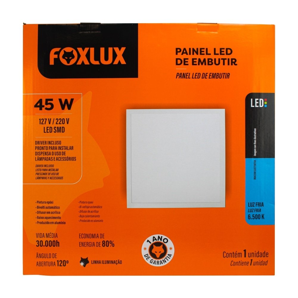 Plafon Painel Foxlux LED 60cm Quadrado de Embutir 45W 6500K