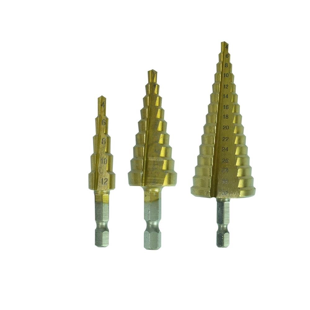 Jogo de 3 Brocas Escalonadas Titânio 3-12 4-20 4-32mm Profissional - KOKAY