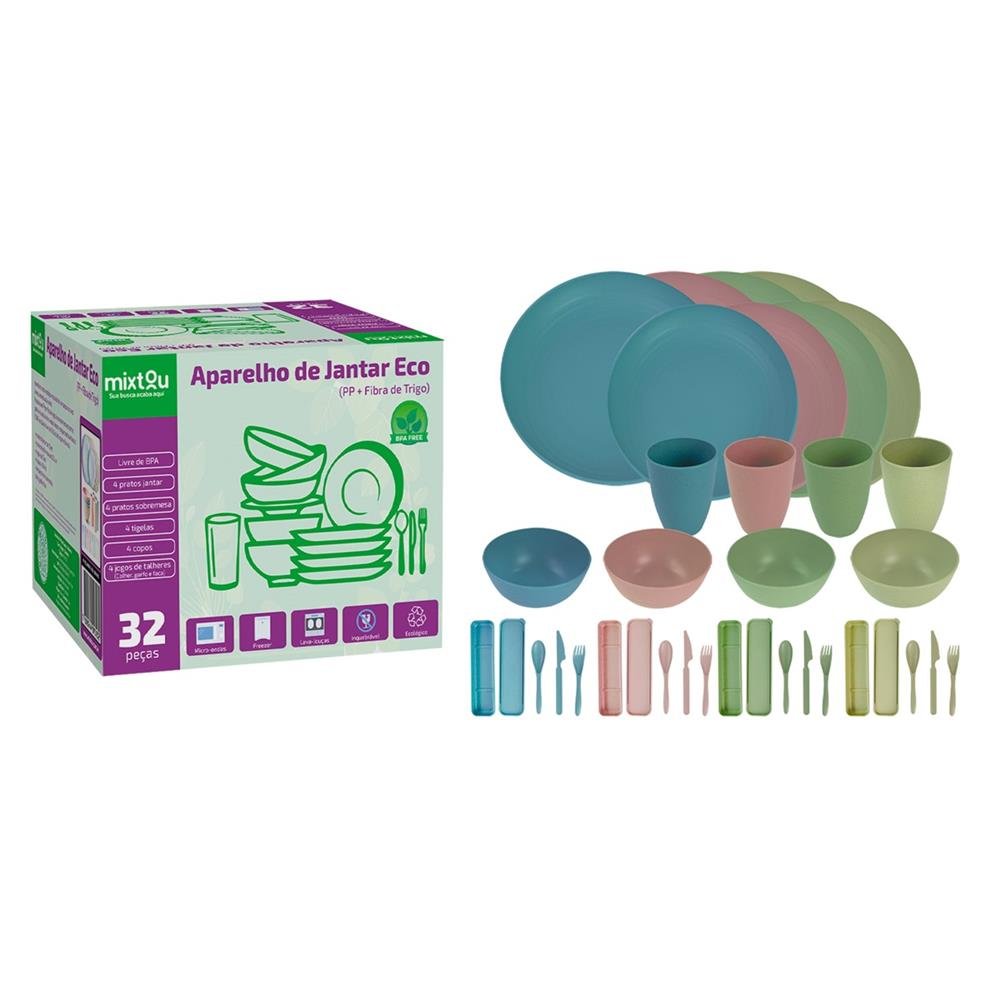 Conjunto de Louças Fibra De Trigo Premium 32 Peças BPA Free Colorido