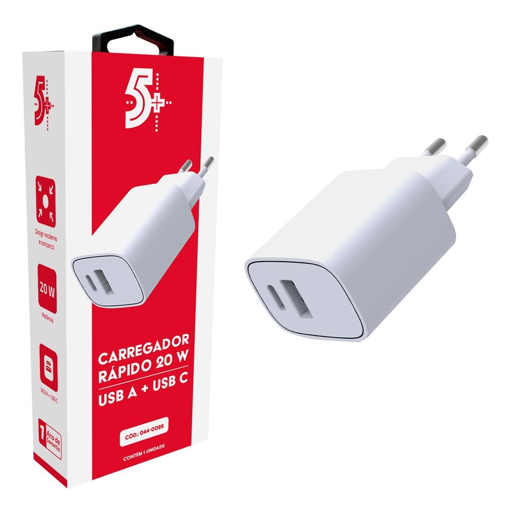 Carregador De Parede Rápido - Duplo 20W - USB A + C - Branco